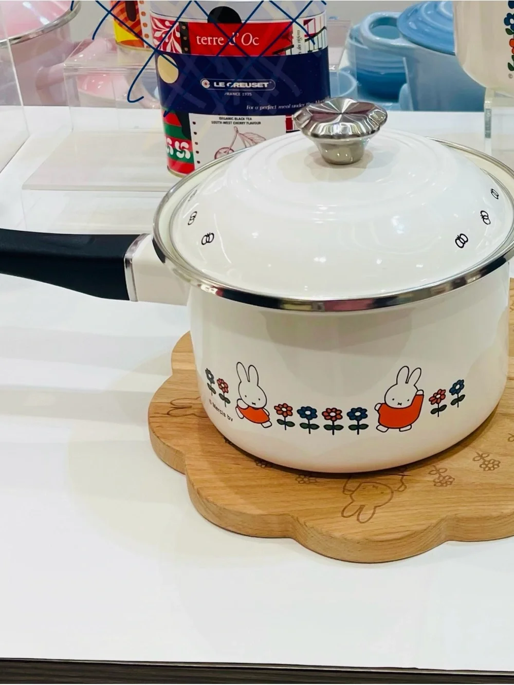 New Le Creuset White Enamel Miffy Saucepan with Orange Accents with original box